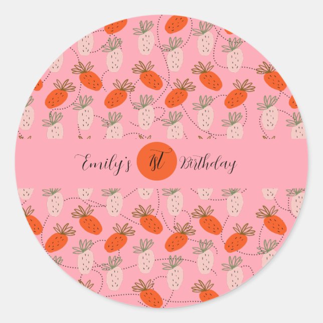 Sticker Rond Fraises Rose Blanc Doodle Anniversaire    (Devant)