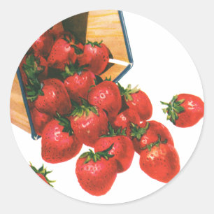 Sticker Rond Fraises vintage dans un panier, Aliments Fruits Ba