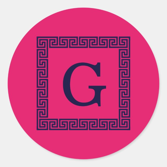 Sticker Rond Framboise, Clé grecque bleue marine #1 Monogramme  (Devant)