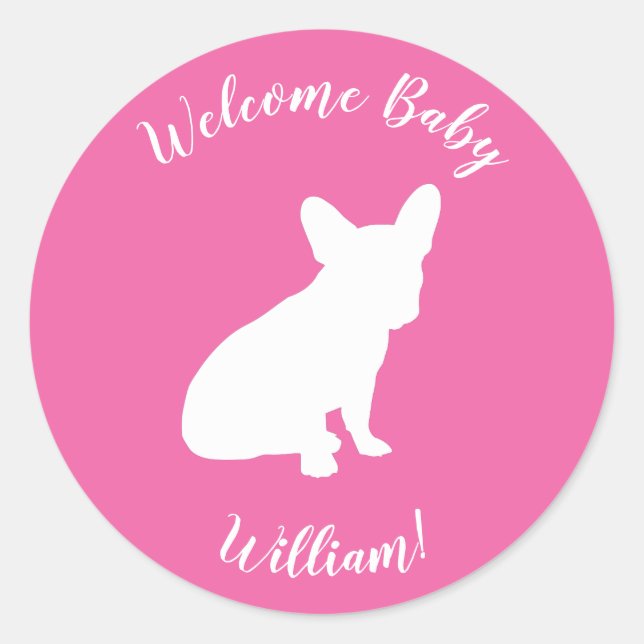Sticker Rond Français Baby shower Buldog Français Rose (Devant)