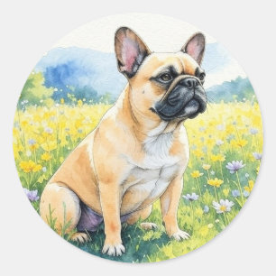 Sticker Rond Français Bulldog Aquarelle
