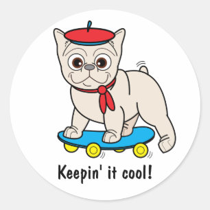 Sticker Rond Français Bulldog Keepin' Cool sur skateboard