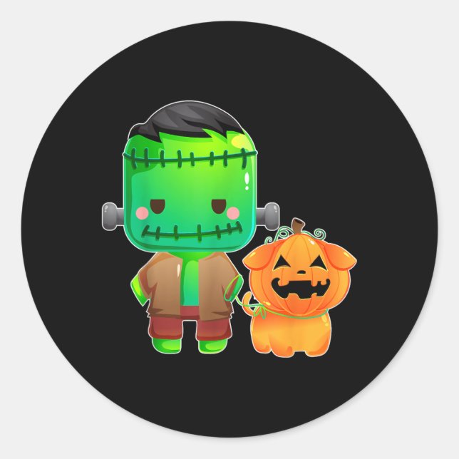 Sticker Rond Frankenstein Et Chien Citrouille Halloween (Devant)