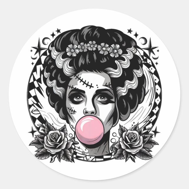 Sticker Rond Frankenstein Monster Et Femme Bubble Gum Funny Ha (Devant)