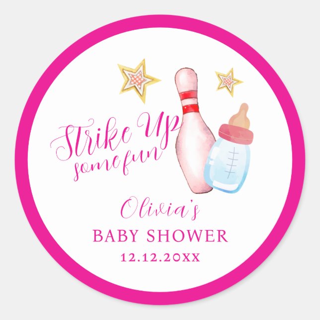 Sticker Rond Frappe rose pour une fête de bowling bébé fille  (Devant)