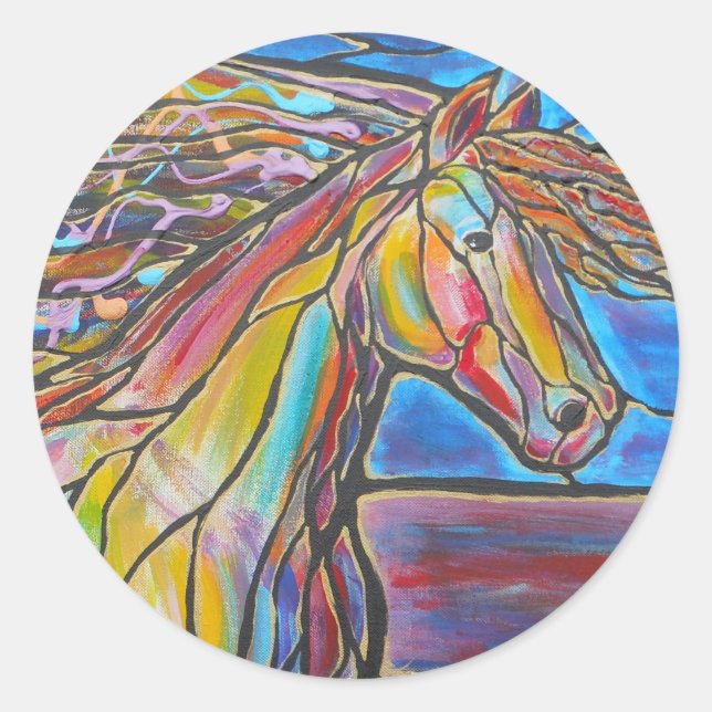 Sticker Rond "Free Rein" Horse Art Mosaic / Style Verre Trait! (Devant)