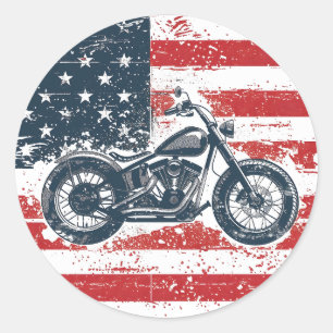 Sticker Rond Freedom Ride : Moto rétro et drapeau américain