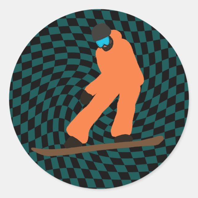 Sticker Rond Freeride Snowboardeur En Costume Orange À damiers (Devant)