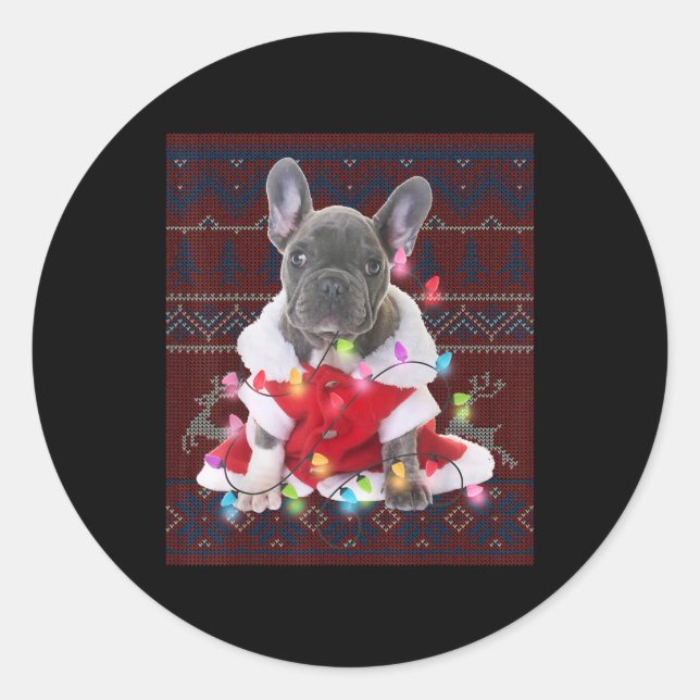 Sticker Rond French bulldog Christmas Lights Ugly Sweater Dog (Devant)