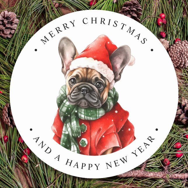 Sticker Rond French Bulldog Festit mignonne joyeux Noël (Créateur téléchargé)