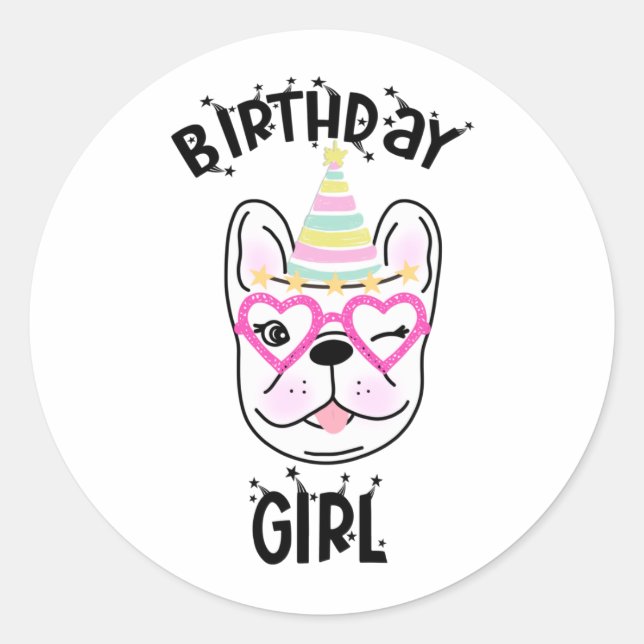 Sticker Rond French Bulldog Frenchie Anniversaire Thème (Devant)