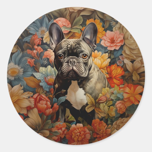 Sticker Rond French Bulldog Frenchie Garden Tapestry Anniversai (Devant)