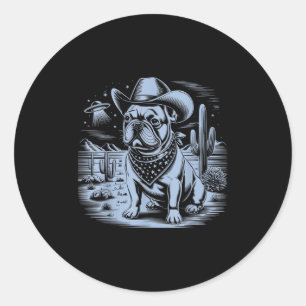 Sticker Rond French Bulldog Funny Cowboy Ufo Vintage Western De