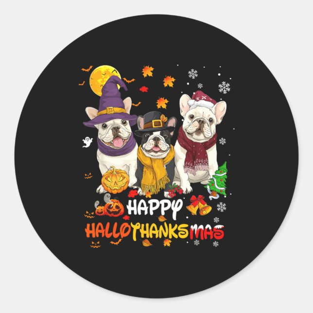 Sticker Rond French Bulldog Happy Hallothanksmas Dog Lover Chri (Devant)