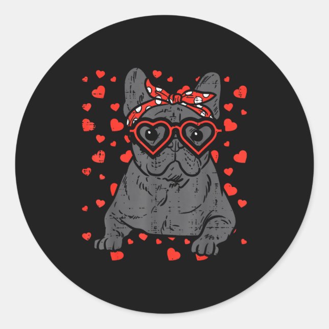 Sticker Rond French Bulldog Heart Gles Valentine Day Frenchie D (Devant)
