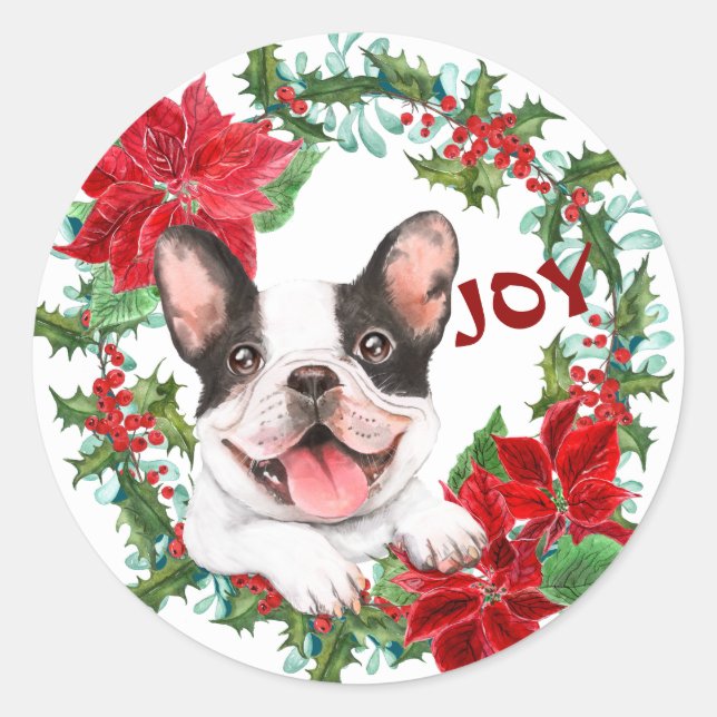 Sticker Rond French Bulldog Joy Poinsettia Christmas Wreath (Devant)
