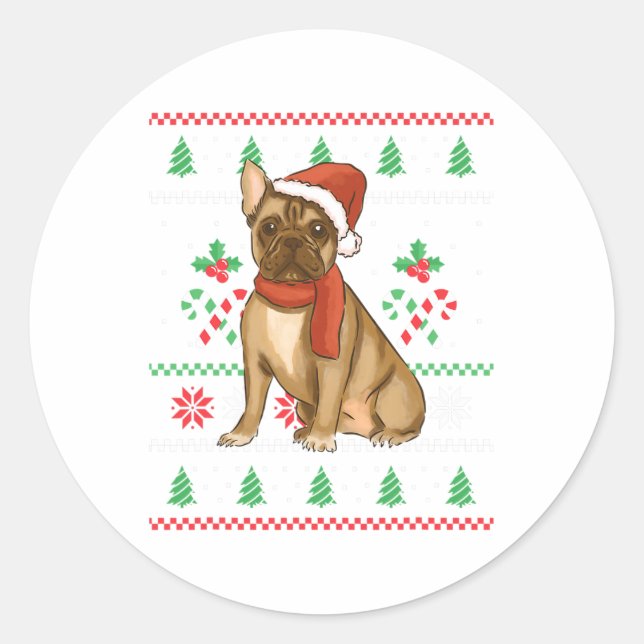 Sticker Rond French Bulldog Outfit Père Noël Noël (Devant)