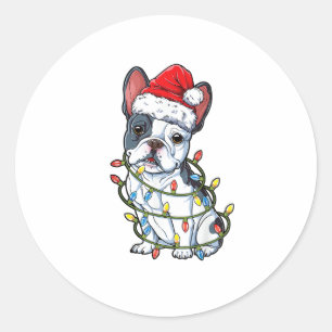 Sticker Rond French Bulldog Santa Christmas Tree Lights Xmas Bo