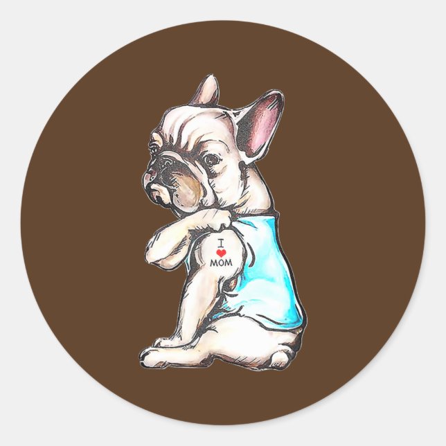 Sticker Rond French Bulldog Tattoo J'aime maman chien drôle (Devant)