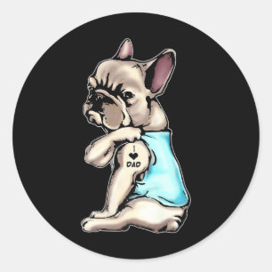 Sticker Rond French Bulldog Tattoos I Love Papa assis Cadeau Gr