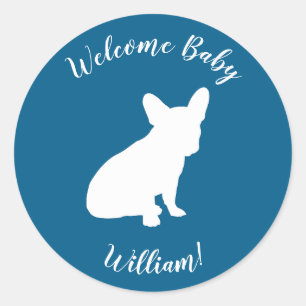 Sticker Rond French Bulldog Theme Party - Baby shower Blue