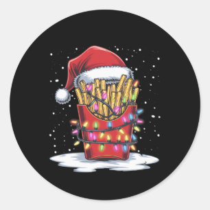 Sticker Rond French Fries Arbre de Noël Santa Hat Lights Noël
