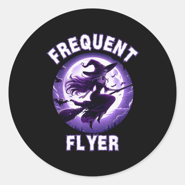 Sticker Rond Frequent Flyer Witch, Funny Halloween Witch Costum (Devant)