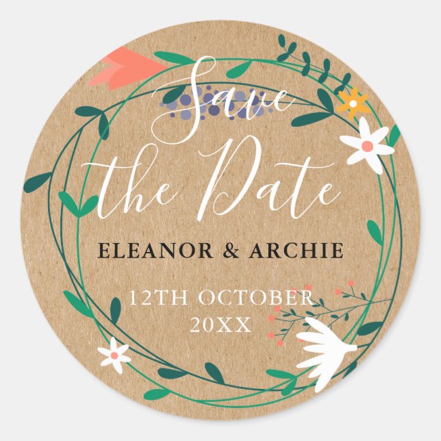 Sticker Rond Fresh Spring Floral Garland Enregistrer la date (Devant)