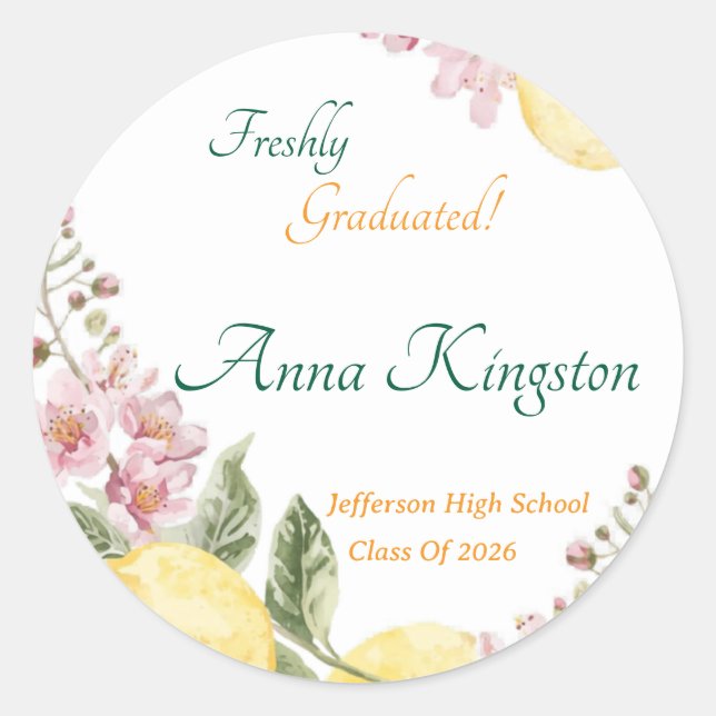 Sticker Rond Freshly Graduated Lemon them Personalized (Devant)