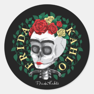Sticker Rond Frida Kahlo   Crâne avec couronne Rose