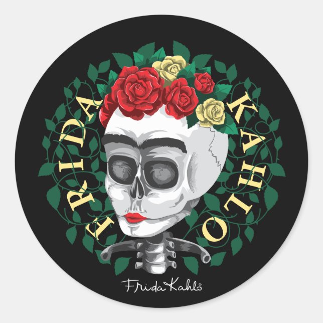 Sticker Rond Frida Kahlo | Crâne avec couronne Rose (Devant)