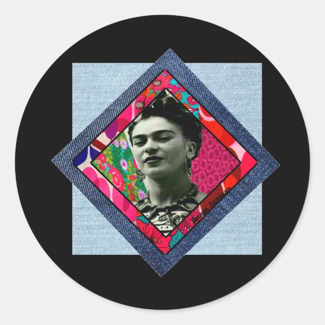 Sticker Rond Frida Kahlo Retro Pink Denim (Devant)