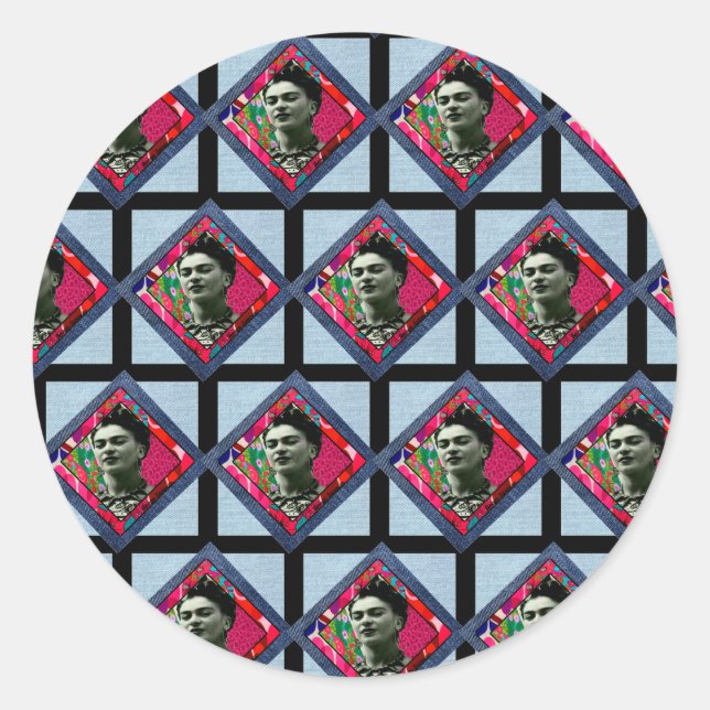 Sticker Rond Frida Kahlo Retro Pink Denim (Devant)