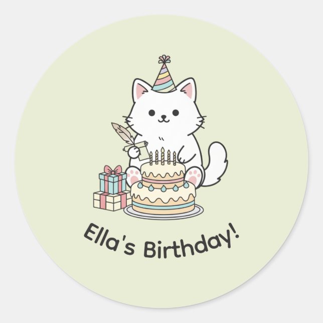 Sticker Rond Friendly Cat Birthday Celebration Cake Presents  (Devant)