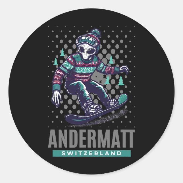 Sticker Rond Frissons cosmiques - Snowboard Alien À Andermatt S (Devant)