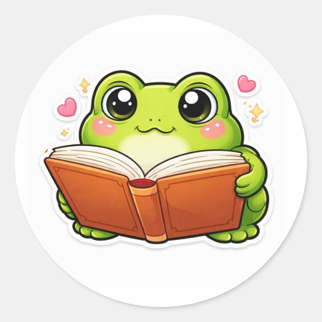 Sticker Rond Frog Reading A Book (Devant)