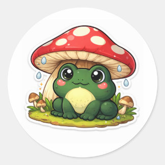 Sticker Rond Frog Under An Oversized Mushroom