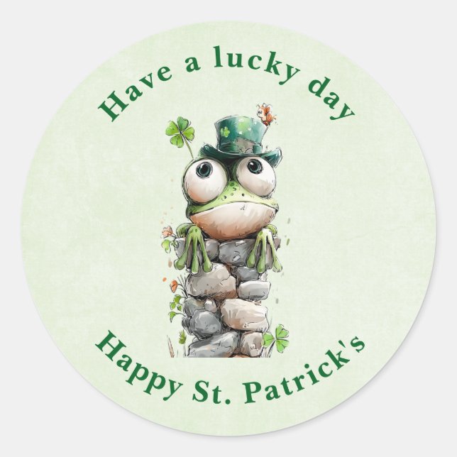 Sticker Rond Frog with Green Hat and Shamrock St. Patrick's Day (Devant)