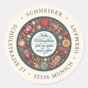 Sticker Rond Frohe Weihnachten German Green Adresse de retour