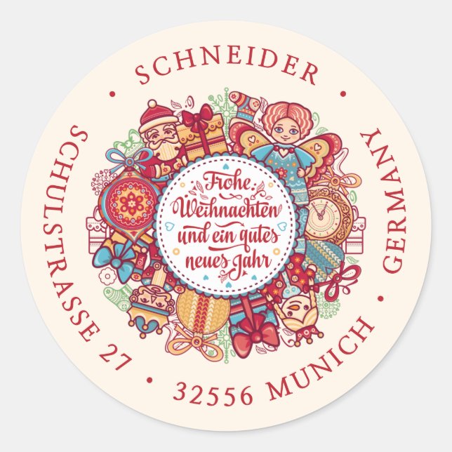 Sticker Rond Frohe Weihnachten Wreath German Red Adresse de ret (Devant)