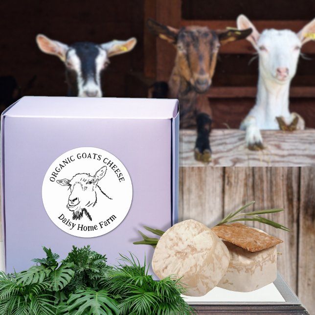 Sticker Rond Fromage de chèvre Nom commercial Noir et blanc (Goats cheese business name black and white custom product label. Simple goat drawing farm produce )