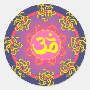 Sticker Rond Frontière bleue Om Mandala