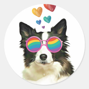 Sticker Rond Frontière Collie Chien avec Coeurs Saint-Valentin