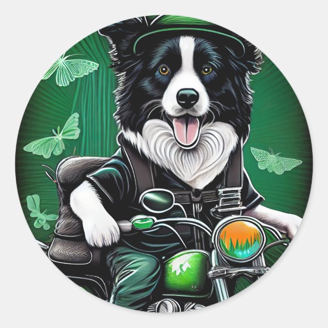 Sticker Rond Frontière Collie Chien Conduite Vélo St. Patrick's (Devant)