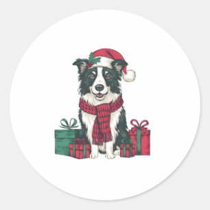 Sticker Rond Frontière Collie Chien Fêtes de Noël Père Noël