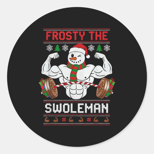 Sticker Rond Frosty The Swoleman Ugly Christmas Sweater Funny X (Devant)