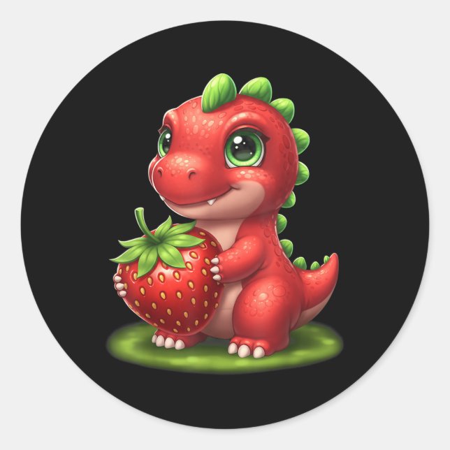 Sticker Rond Fruit d'été aux fraises mignonnes Dinosaure T Rex (Devant)