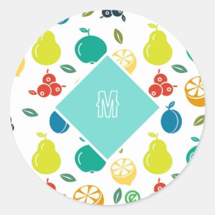 Sticker Rond Fruits colorés Monogramme personnalisé Simple