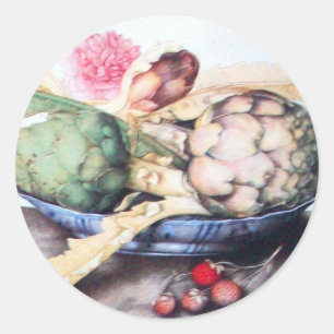 STICKER ROND FRUITS DE SAISON 4- ARTICHOKES, ROSE & FRAISES