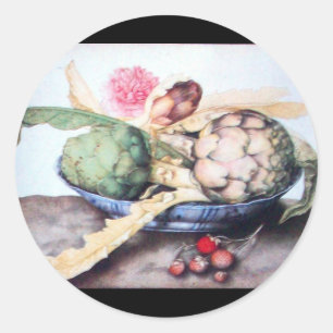 STICKER ROND FRUITS DE SAISON 4- ARTICHOKES, ROSE & FRAISES
